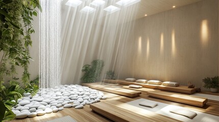 A nature-integrated meditation room with smooth wooden benches built over a bed of white Zen stones