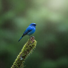 Obraz premium Vibrant Blue Bird Perched on Mossy Branch in Lush Forest Background