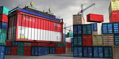 Fototapeta premium Cargo container with flag of Monaco lifted by crane at freight terminal - 3D illustration