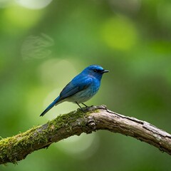 Blue Ultramarine Flycatcher bird resting on moss stick in forest shade
