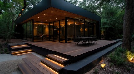 Modern home exterior with spacious deck and glass walls.  Dark exterior with light wood accents, integrated lighting, and natural surroundings