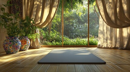A peaceful yoga corner featuring bamboo flooring with polished matte tones