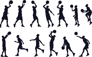 Basketball players, silhouettes, dynamic poses, action shots, jump shots, dribbling, passing, athletic movements, black and white, graphic style, stylized figures, sports illustration, vector art, min