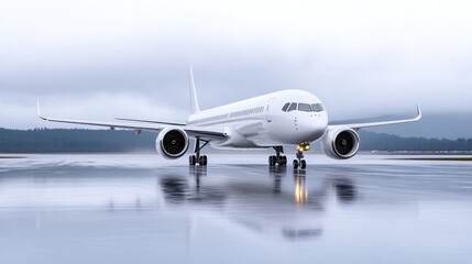 Obraz premium White jet on rainy runway