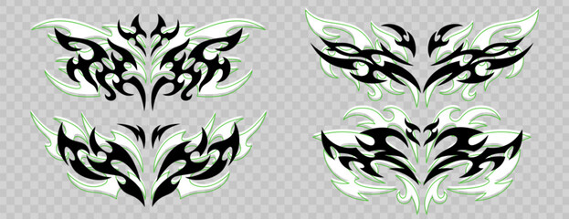 Vector set of neo tribal tattoo. Neotribal gothic butterfly with wings, flame, heart or symmetrical shapes abstract dividers. Cyber sigilism grunge y2k design elements. Celtic goth body emo stickers