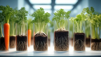 Close-up of carrots growing in tall clear tube planters, revealing complete root systems. Ideal for educational purposes on root growth and plant development