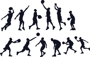 Silhouettes of baseball players, dynamic poses, action shots, batting stances, pitching motions, fielding positions, black and white, high contrast, athletic figures, sports illustration, vector style