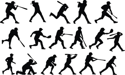 Silhouettes of baseball players, dynamic poses, action shots, batting stances, pitching motions, fielding positions, black and white, high contrast, athletic figures, sports illustration, vector style