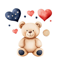 Cute teddy bear surrounded by colorful hearts and symbols. isolated against a transparent background.