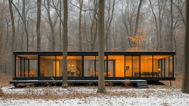 Modern glass house nestled in a winter forest