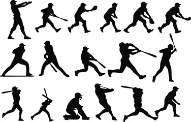 Silhouettes of baseball players, dynamic poses, action shots, batting stances, pitching motions, fielding positions, black and white, high contrast, athletic figures, sports illustration, vector style