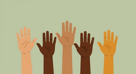 Fototapeta premium Diverse hands raised, expressing unity, inclusion, and community collaboration