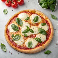 Margherita pizza with fresh basil and tomatoes on a gray background