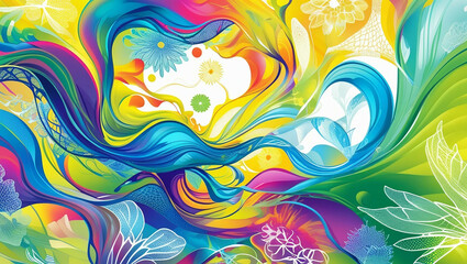 background featuring a mesmerizing blend of fluid, organic shapes and geometric patterns in a kaleidoscope of summer-inspired colors