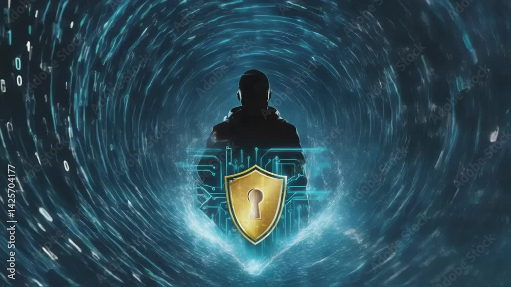 Poster cybersecurity concept with hacker silhouette surrounded by binary code and protected by a shield wit