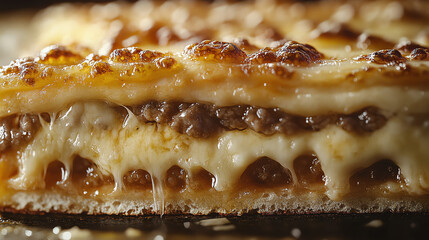 Extreme close-up of a cheesy pizza slice with gooey melted cheese dripping, crispy crust, and rich toppings. Cinematic, mouthwatering food photography with soft lighting and shallow depth of field