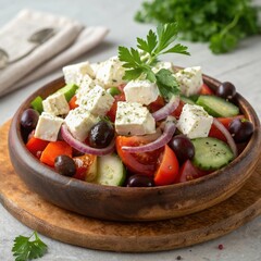 Fresh vegetable salad with feta cheese, olives, and herbs in a wooden bowl