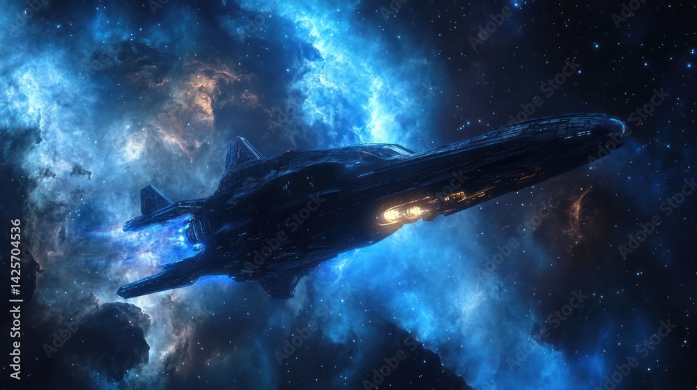 Wall mural a futuristic spaceship explores a nebula in deep and vast outer space