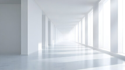Obraz premium Wide-angle view of minimalist architecture illuminated spacious hallway on pure white background
