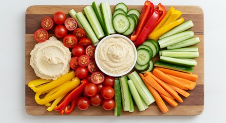 Healthy and colorful vegetable platter with hummus, perfect for snacking or sharing