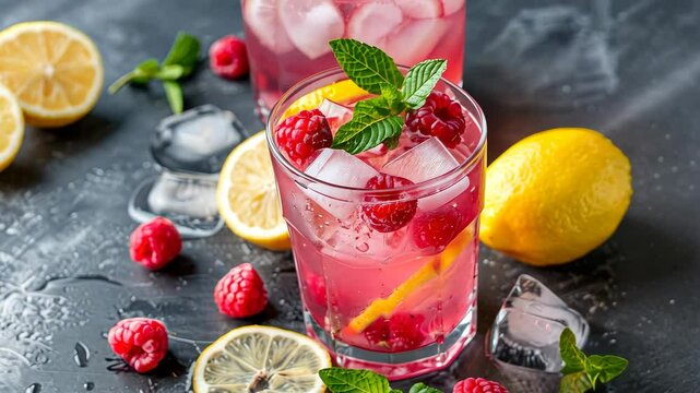 Enjoy the vibrant colors and flavors of a raspberry lemonade cocktail made with fresh lemons, raspberries, and mint leaves