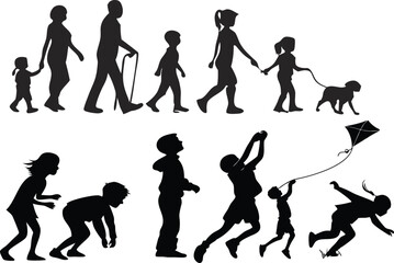 Silhouettes, walking figures, evolution of human posture, black and white illustration, profile view, multiple figures, progression, timeline, historical representation, simplified forms, linear arran