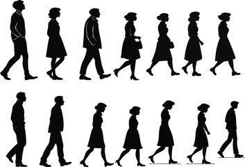 Silhouettes, walking figures, evolution of human posture, black and white illustration, profile view, multiple figures, progression, timeline, historical representation, simplified forms, linear arran