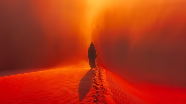 **Single Figure Walking Across Desert With Long Shadow, Minimalist Storytelling Under Burning Sky --Ar 16:9 --S 997 --V 6.0 --Style Raw** - @Darya (Relaxed)