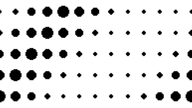 Animated dotted halftone background. Horizontal dots pattern in pixel art style. Abstract black and white texture. Seamless loop animation.