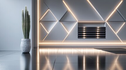 A sleek modern yoga room with polished reflective tiles on the floor