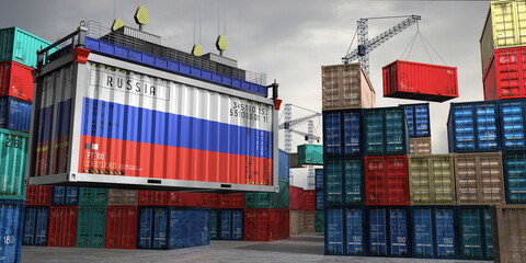 Fototapeta premium Cargo container with flag of Russia lifted by crane at freight terminal - 3D illustration