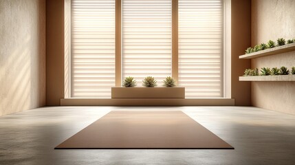 A sleek yoga room with a smooth concrete floor