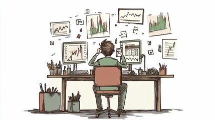 Person analyzing multiple stock charts and graphs on monitors at a desk with pencils