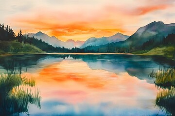 Serene Mountain Lake at Sunset in Watercolor, Generative AI