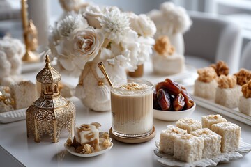 A stunning Eid dessert table with creamy rice pudding (kheer), fresh dates, and sweet pastries, paired with a cold glass of vanilla iced latte Eid