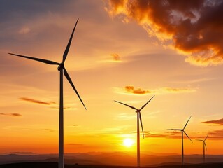 Wind turbines at sunset, showcasing a stunning orange and purple sky.