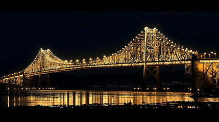 Fototapeta premium Night view of illuminated bridge over water, city skyline in background; perfect for travel or infrastructure projects