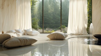 A sophisticated home meditation room with smooth shiny marble floors