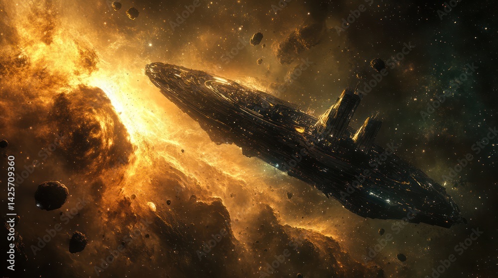 Wall mural a gigantic spaceship navigating a celestial nebula amidst asteroids