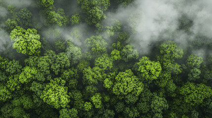 Aerial view of lush green forest with dense foliage and mist, creating serene and tranquil atmosphere