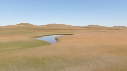 Fototapeta premium Vast grassland with a tranquil pond. Rolling hills and golden grasses stretch into the horizon