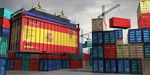Fototapeta premium Cargo container with flag of Spain lifted by crane at freight terminal - 3D illustration