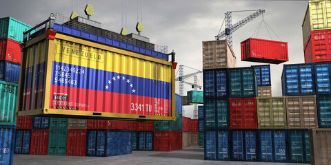 Fototapeta premium Cargo container with flag of Venezuela lifted by crane at freight terminal - 3D illustration