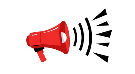 Red megaphone icon with sound waves, symbolizing communication and announcements