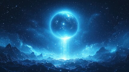 Fototapeta premium Celestial Convergence: A Glimmering Blue Planet Over a Mystical Mountainscape