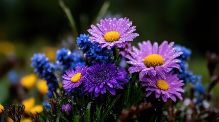 Obraz premium A bouquet of vibrant purple and blue flowers, glistening with raindrops