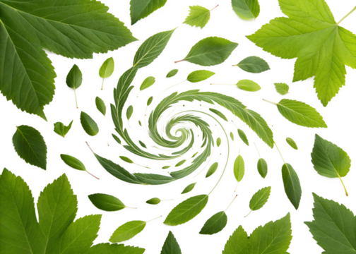 Spiraling green leaves on a transparent background