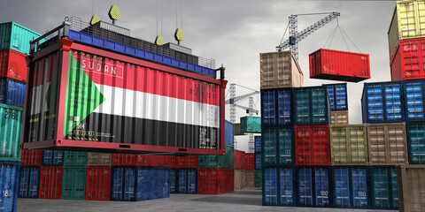 Fototapeta premium Cargo container with flag of Sudan lifted by crane at freight terminal - 3D illustration