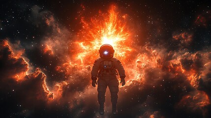 Obraz premium Astronaut confronts a celestial fiery nebula.