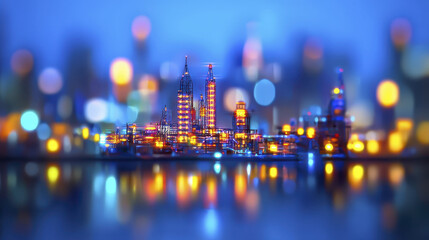 vibrant city skyline at night, featuring illuminated buildings and reflections on water, creating captivating atmosphere
